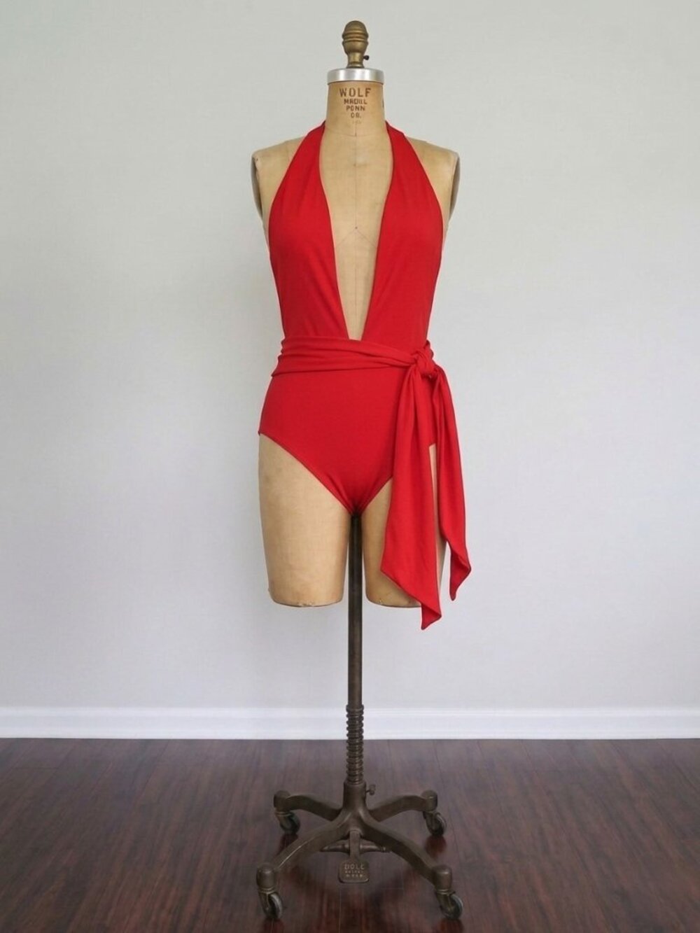 Unique Vintage X Joenic Red Deep Plunge One-Piece Halter Swimsuit Size L